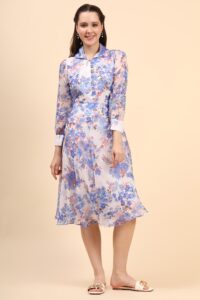 Women's Printed White Chiiffon Casual Midi Dress