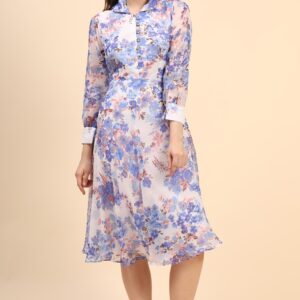 Women's Printed White Chiiffon Casual Midi Dress