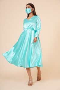 Women's Empire Line With Cuff Satin Wrap Dress Sky Blue