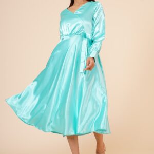 Women's Empire Line With Cuff Satin Wrap Dress Sky Blue