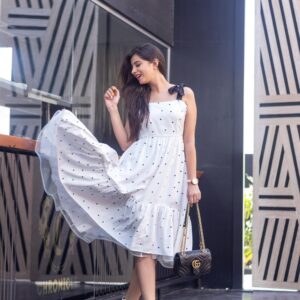 Women's White Polka Dot Long Dress (1pc set)